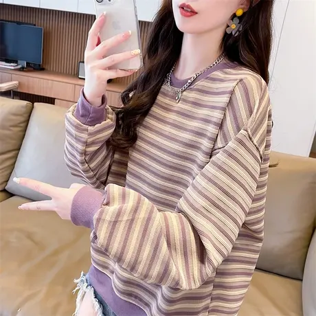 早秋小个子条纹卫衣女春秋韩版宽松大码女装初秋薄款撞色上衣外套商品大图