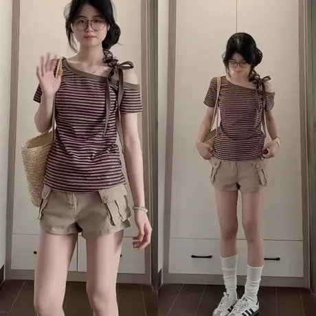 斜领露肩系带设计感短袖T恤女夏季韩版修身纯欲性感条纹半袖上衣商品大图