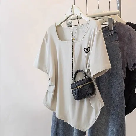 vintage欧货方领正肩短袖美式高街T恤女夏季胖mm显瘦遮肚奶系上衣商品大图