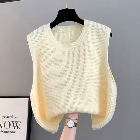 韩风圆领秋季新款针织马夹女宽松百搭毛衣后背开叉马甲坎肩背心潮商品大图