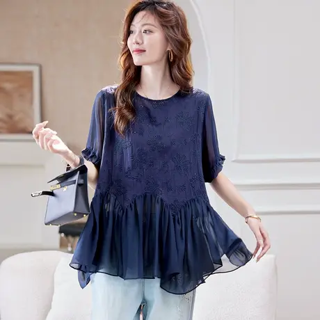 宝诗黎【新品价228元】刺绣镂空短袖雪纺衫UI1152商品大图