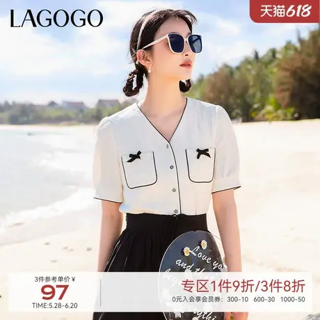 LAGOGO法式小香风短袖衬衫女拉谷谷夏季新款设计感小众蝴蝶结T恤商品大图