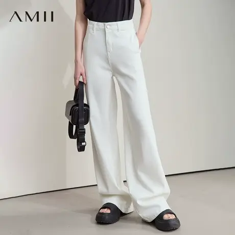 AMII【韩版休闲】2025秋季韩版休闲白宽松直筒阔腿长裤牛仔裤女图片