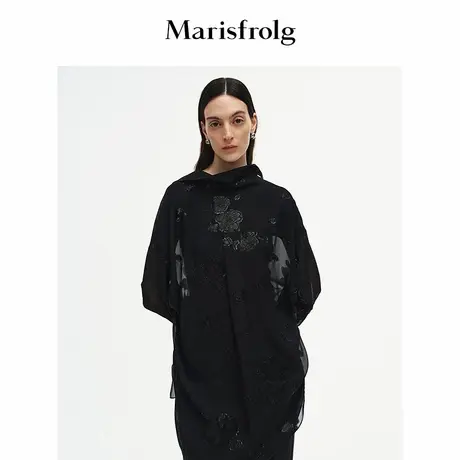【手工剪花】Marisfrolg玛丝菲尔2025秋新款黑色提花薄透纱衬衫图片