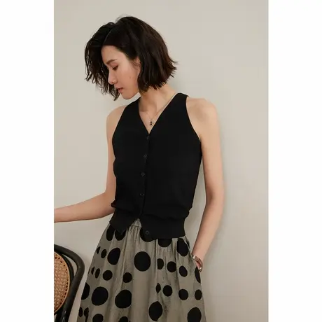 弥古黑色v领针织无袖背心短款削肩上衣女夏外穿法式收腰打底内搭图片