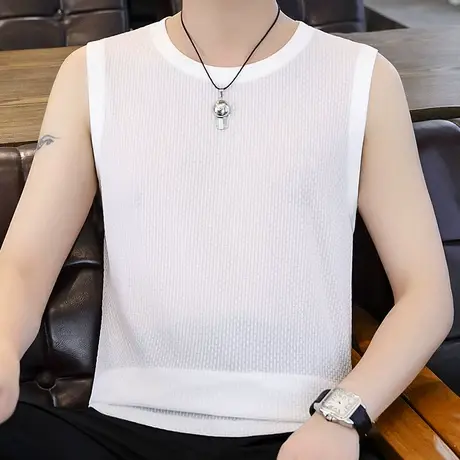 夏季泡泡纱高级肌理感坎肩圆领男士短袖t恤薄款修身上衣半袖汗衫商品大图