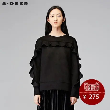 sdeer圣迪奥2018冬装学院俏皮搭片圆领套头短款长袖卫衣S17462211图片