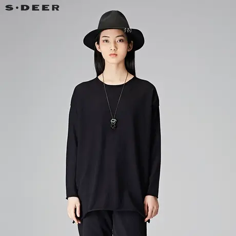 sdeer圣迪奥2019秋装简约圆领卷边宽松长袖毛衣针织衫女S18183510图片