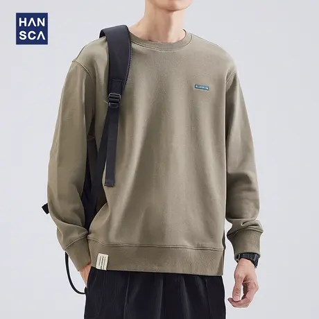 hansca圆领卫衣男潮牌春季新款美式重磅纯色宽松大码内搭长袖上衣商品大图