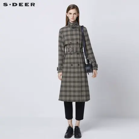 sdeer圣迪奥英伦立领双排扣收腰长款风衣S21381822图片