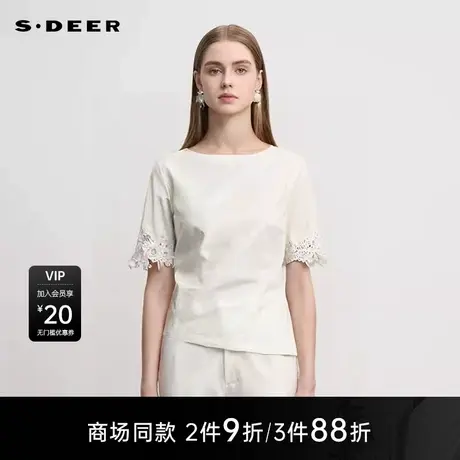 【商场同款】sdeer圣迪奥复古一字领不规则花边短袖T恤S25280107图片