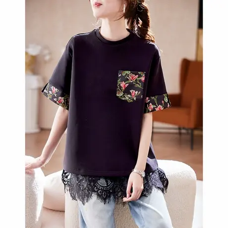 宝诗黎圆领提花拼接短袖T恤2025夏季时尚百搭宽松显瘦休闲上衣女图片