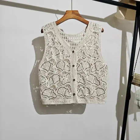 重工亮片镂空针织马甲女夏季新款波西米亚度假风无袖勾花上衣坎肩商品大图
