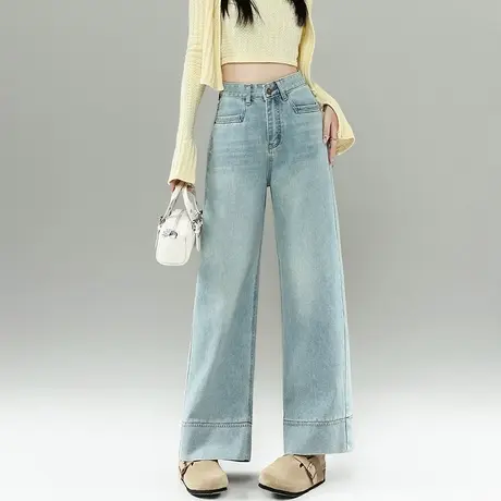 浅蓝九分直筒牛仔裤女春季新款高腰垂感宽松小个子窄版阔腿奶奶裤商品大图