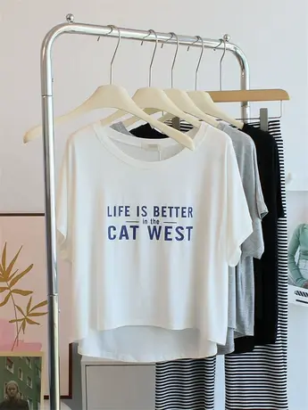 透气薄款~字母短款莫代尔t恤女夏宽松短袖运动罩衫舞蹈服瑜伽上衣商品大图