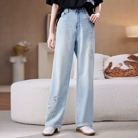 宝诗黎【新品价298元】烫钻刺绣镂空牛仔裤LH1268商品大图