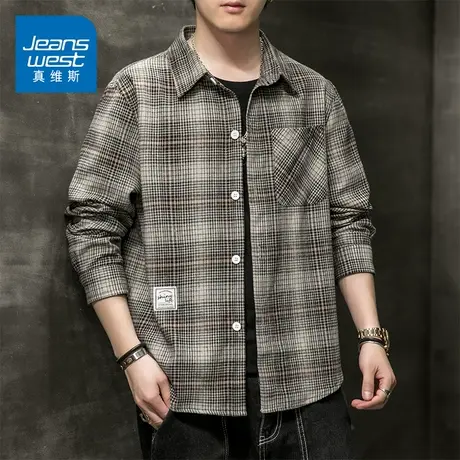 KZ真维斯翻领格子衫潮牌男士长袖衬衫内搭衬衣2025新款春秋季男装商品大图