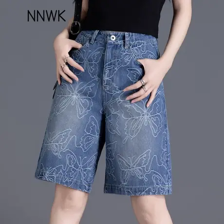 高腰牛仔短裤女夏季薄款2025新款a字阔腿五分裤蓝色提花直筒中裤图片