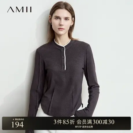 Amii【韩系休闲】春秋韩版休闲圆领半开襟撞色针织衫女两穿打底商品大图