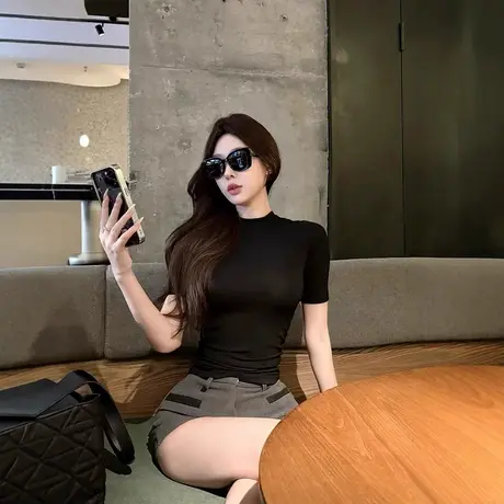 韩版新款性感微透圆领小半袖T恤百搭弹力内搭显瘦薄款紧身打底衫商品大图