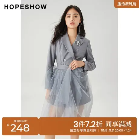 红袖outlets西装双排扣连衣裙hopeshow2022春季款拼接网纱仙女裙图片