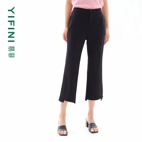 [专柜同款]Yifini/易菲黑色简约通勤休闲裤女夏装新款微喇八分裤商品大图