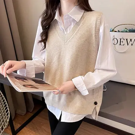 2025春秋新款设计感侧排扣V领宽松针织马甲背心女显瘦外搭马夹潮图片