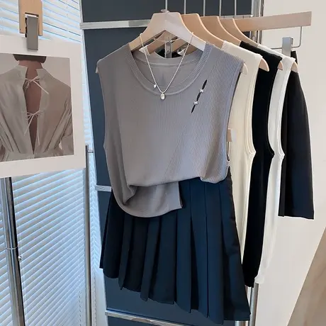 圆领冰丝镂空针织背心女2025夏装新款内搭上衣外穿薄无袖t恤衫潮商品大图