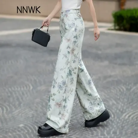 高端阔腿牛仔裤女春秋2025新款直筒宽松高腰时尚潮流印花裤子彩绘图片