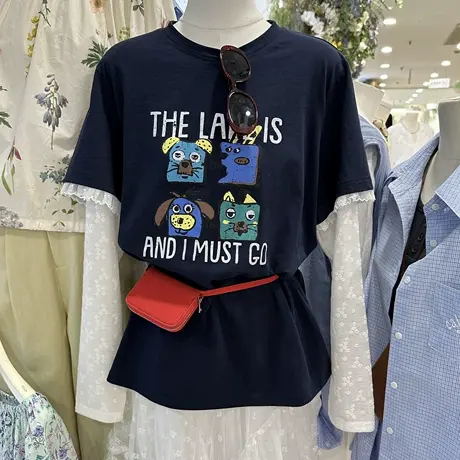 韩系蕾丝袖卡通印花假两件长T恤女2025夏季新款百搭减龄宽松上衣图片