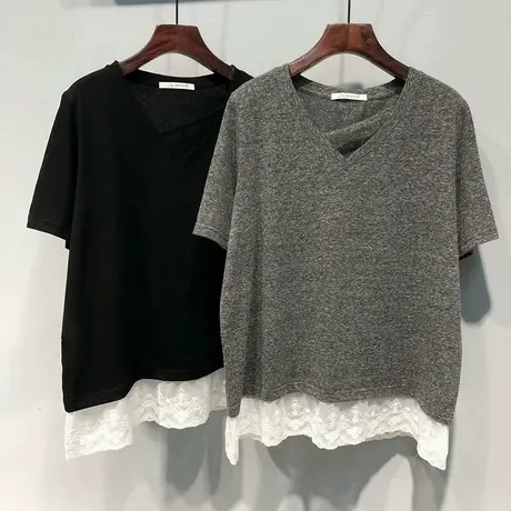 V领蕾丝拼接下摆短袖T恤女夏季韩版宽松打底衫内搭假两件半袖上衣商品大图