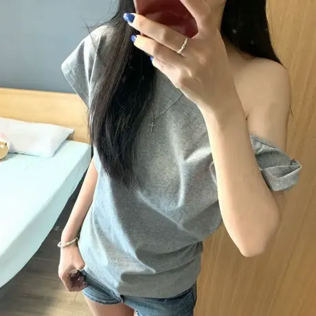 设计感小众一字斜肩短袖T恤女宽松韩版夏季chic别致露肩半袖上衣商品大图