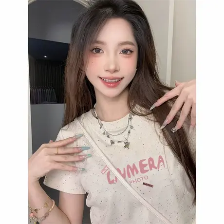 新款圆领正肩褶皱收腰短款t恤女夏季甜美风彩虹波点洋气短袖上衣商品大图