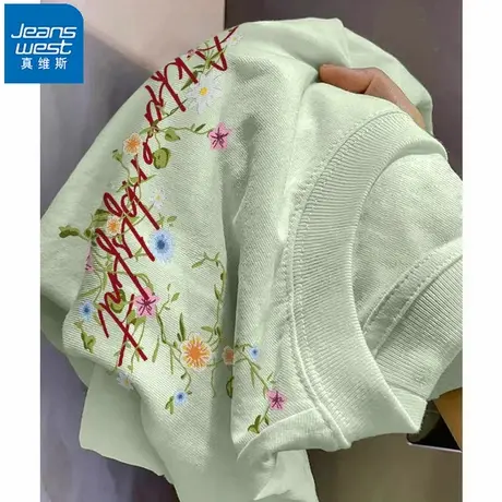 NR真维斯浅绿色纯棉短袖t恤女夏季新款正肩宽松百搭潮牌休闲上衣商品大图