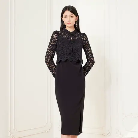 希区瑞普高级蕾丝长袖两件套装裙长款春秋新款收腰上衣新中式国风图片