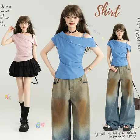 KEIKO 甜妹不对称斜肩上衣女25夏季韩系复古褶皱收腰露肩格纹衬衫商品大图