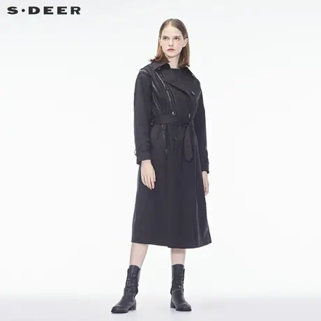 sdeer圣迪奥气质贴布纽扣装饰腰部系带假两件长款风衣S18381843图片