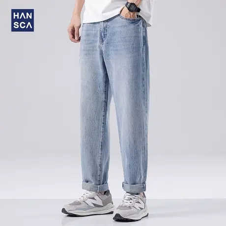 hansca复古牛仔裤男春季新款裤子美式高街宽松痞帅休闲直筒九分裤图片