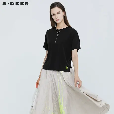 sdeer圣迪奥女装圆领字母胶印不规则短袖T恤S21280154图片