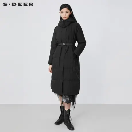 sdeer圣迪奥冬季高领连帽收腰长款黑色宽松羽绒服女S21462450图片