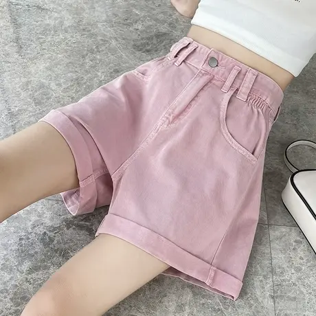 粉色阔腿牛仔短裤女2025夏季薄款宽松a字大码挽边显瘦小个子热裤商品大图