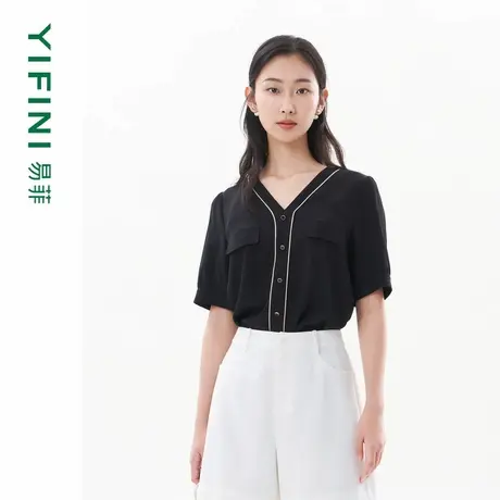 [专柜同款]Yifini/易菲法式V领桑蚕丝宽松短款套头衫女真丝上衣商品大图