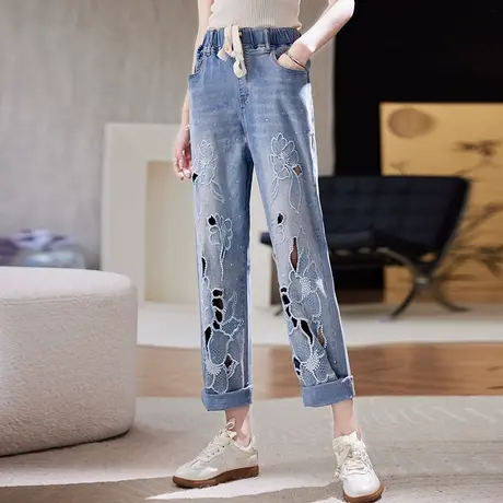 宝诗黎烫钻刺绣镂空哈伦裤2025夏季设计感洋气宽松大码休闲牛仔裤图片