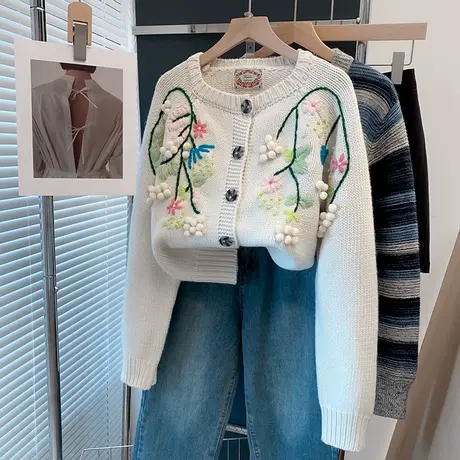 手工绣花圆领毛衣外套女2025春秋新款宽松外穿上衣加厚针织开衫潮商品大图