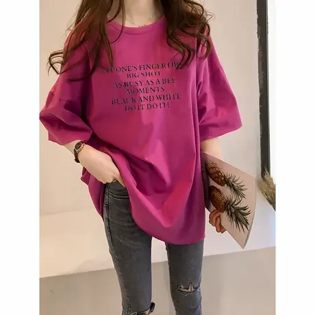 火龙果色短袖宽松中长款2025年t恤女夏季圆领纯棉半袖中长款上衣商品大图