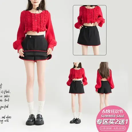 KEIKO [贝壳绣] 高腰显瘦黑色短裤裙裤女25夏季新款休闲A字型裤子图片