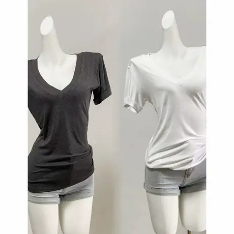 大V领凉感短袖T恤女2025夏季新款宽松薄款纯色正肩休闲显瘦上衣服图片