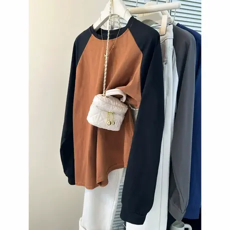 撞色拼接插肩长袖T恤女秋季纯棉内搭宽松打底衫韩版百搭上衣体恤商品大图