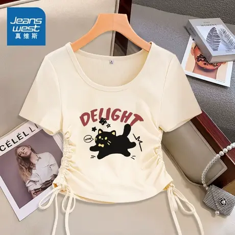 KMV真维斯杏色U领抽绳短袖t恤女2025夏新款简约慵懒宽松甜美上衣商品大图