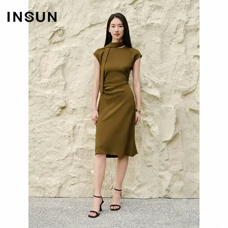 INSUN恩裳专选2025夏季仿醋酸气质捏褶飘带连衣裙商品大图